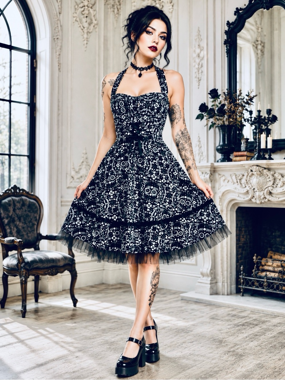 Hot Topic Book of Life Sugar Skull Corset Dress Halter Tulle Goth Swing Dress